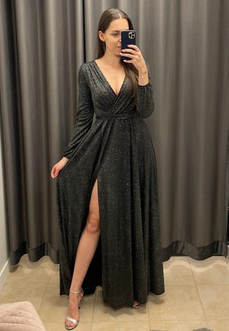 Sukienka Salma Maxi z rękawem - czarna z brokatem