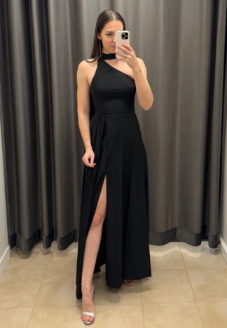 Sukienka Wiktoria z biżuteryjnym łańcuszkiem na plecach - czarna