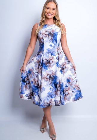 Sukienka Carmi - biała w niebieskie kwiaty