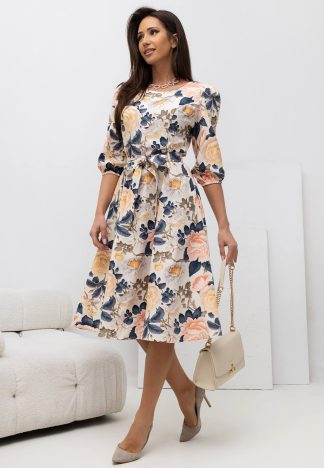 Sukienka Letycja - beżowa w żółte kwiaty